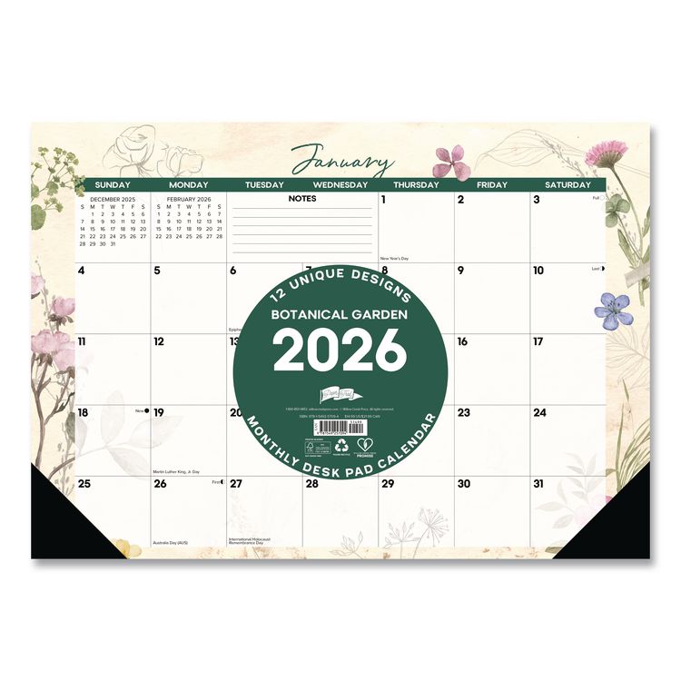 Botanical Garden Monthly Desk Pad Calendar, 17 x 12, Cream/Multicolor Sheets, Black Headband/Corners, 12-Month (Jan-Dec) 2026