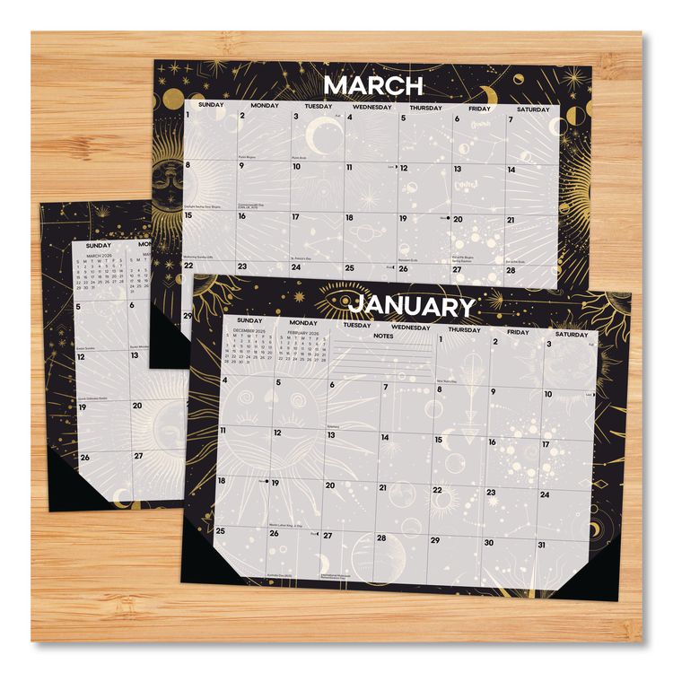 Celestial Small Monthly Desk Pad Calendar, 17 x 12, Black/Gold/Gray Sheets, Black Headband/Corners, 12-Month (Jan-Dec) 2026