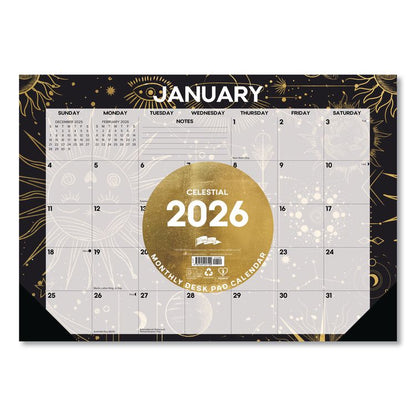Celestial Small Monthly Desk Pad Calendar, 17 x 12, Black/Gold/Gray Sheets, Black Headband/Corners, 12-Month (Jan-Dec) 2026