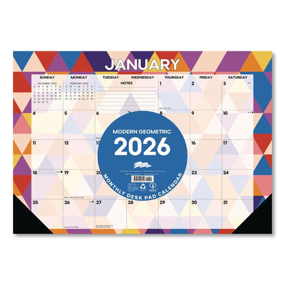 Modern Small Geometric Monthly Desk Pad Calendar, 17 x 12, Multicolor Sheets, Black Headband/Corners, 12-Month (Jan-Dec) 2026