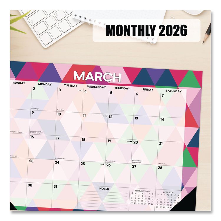 Modern Small Geometric Monthly Desk Pad Calendar, 17 x 12, Multicolor Sheets, Black Headband/Corners, 12-Month (Jan-Dec) 2026