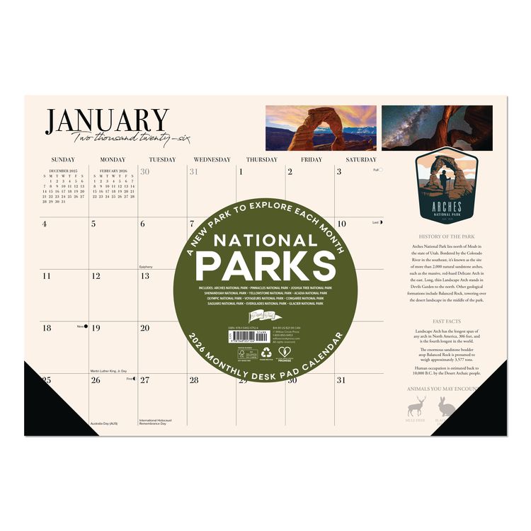 National Parks Small Monthly Desk Pad Calendar, 17 x 12, Multicolor Sheets, Black Headband/Corners, 12-Month (Jan-Dec) 2026