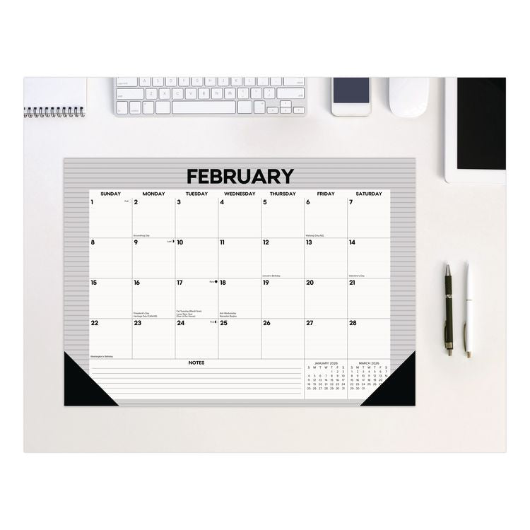 Pinstripe Small Monthly Desk Pad Calendar, 17 x 12, White/Gray Sheets, Black Headband, Black Corners, 12-Month (Jan-Dec) 2026