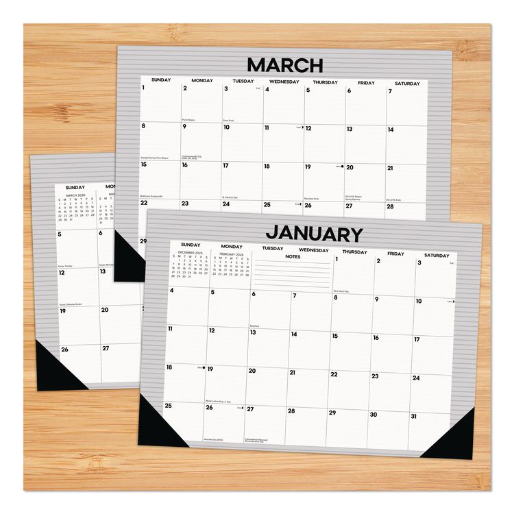 Pinstripe Small Monthly Desk Pad Calendar, 17 x 12, White/Gray Sheets, Black Headband, Black Corners, 12-Month (Jan-Dec) 2026