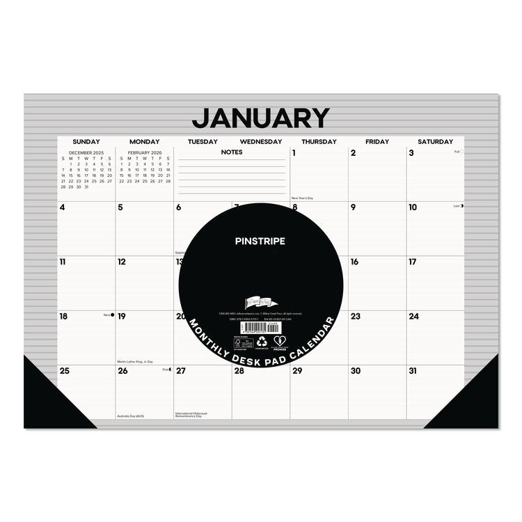 Pinstripe Small Monthly Desk Pad Calendar, 17 x 12, White/Gray Sheets, Black Headband, Black Corners, 12-Month (Jan-Dec) 2026