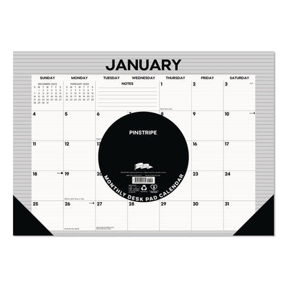 Pinstripe Small Monthly Desk Pad Calendar, 17 x 12, White/Gray Sheets, Black Headband, Black Corners, 12-Month (Jan-Dec) 2026
