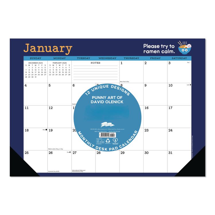 Punny Art of David Olenick Monthly Desk Pad Calendar, 17x12, White/Multicolor, Black Headband/Corners, 12-Month Jan-Dec 2026