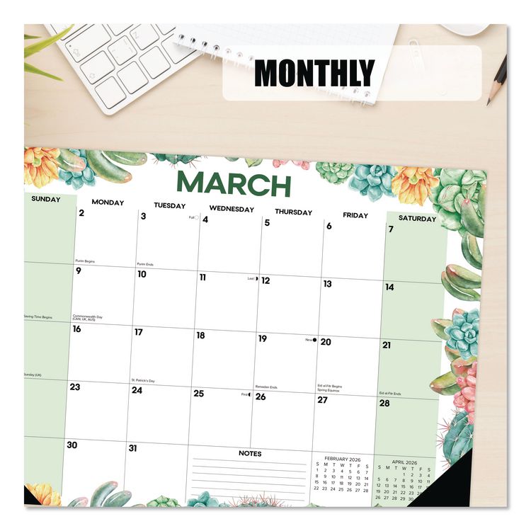Succulents Small Monthly Desk Pad Calendar, 17 x 12, White Sheets, Black Headband/Corners, 12-Month (Jan to Dec): 2026