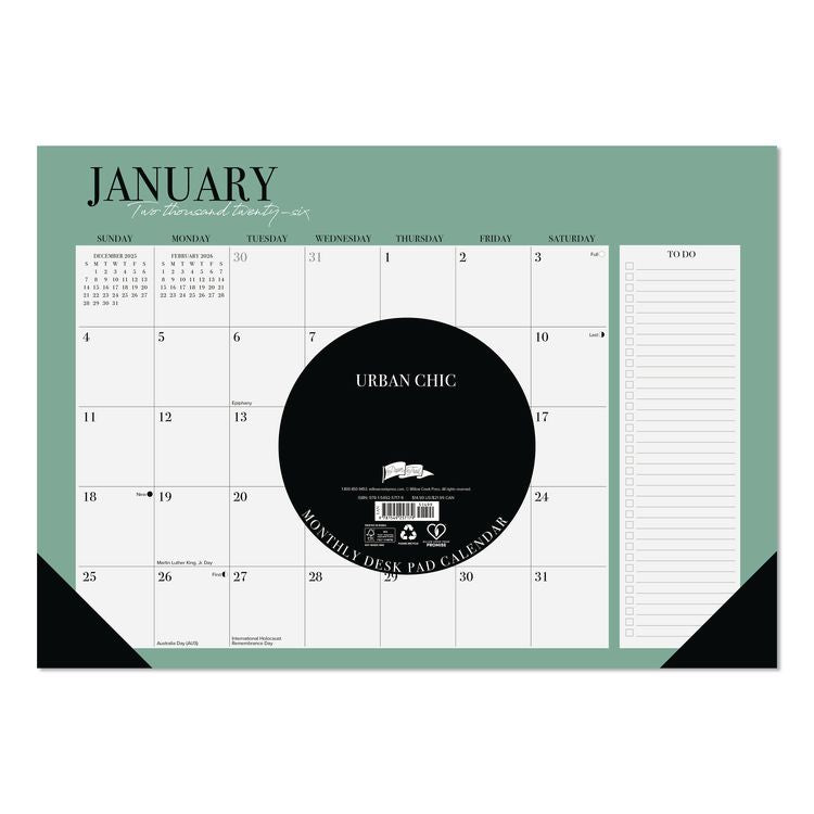 Urban Chic Small Monthly Desk Pad Calendar, 17 x 12, White Sheets, Black Headband/Corners, 12-Month (Jan to Dec): 2026