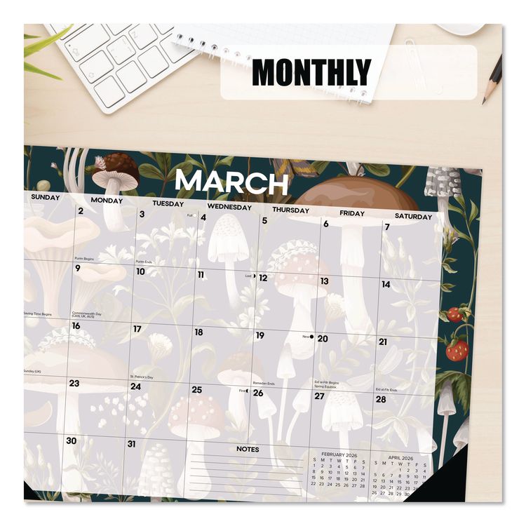 Woodland Mushroom Small Monthly Desk Pad Calendar, 17 x 12, White Sheets, Black Headband/Corners, 12-Month (Jan to Dec): 2026