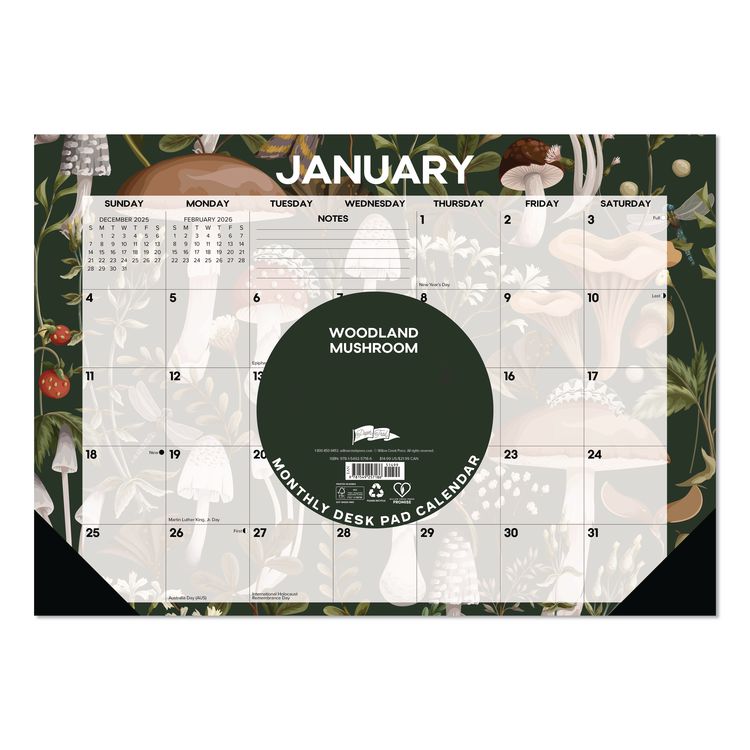 Woodland Mushroom Small Monthly Desk Pad Calendar, 17 x 12, White Sheets, Black Headband/Corners, 12-Month (Jan to Dec): 2026
