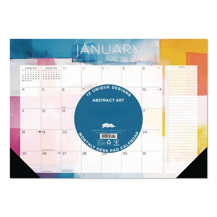 Abstract Art Small Monthly Desk Pad Calendar, 17x12, White/Multicolor Sheets, Black Headband/Corners, 12-Month (Jan-Dec) 2026
