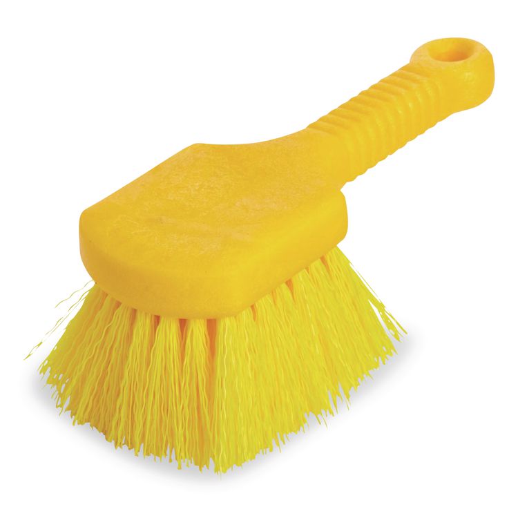 Long Handle Scrub Brush, Yellow Synthetic Bristles, 8" Brush, 8" Gray Plastic Handle