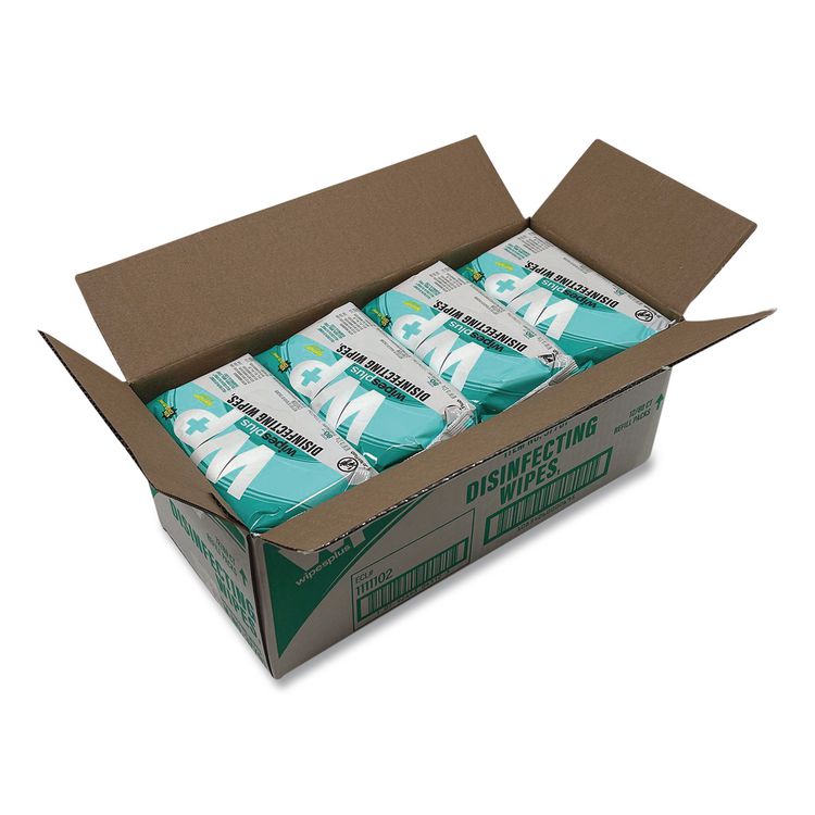 WipesPlus Disinfecting Surface Wipes, Flat Pack, 1-Ply, 7 x 8, Lemon, White, 80 Wipes/Refill Pack, 12 Packs/Carton