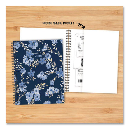 Blue Floral Weekly/Monthly Planner, 11 x 8.5, Blue/Black Cover, 12-Month (Jan to Dec): 2026