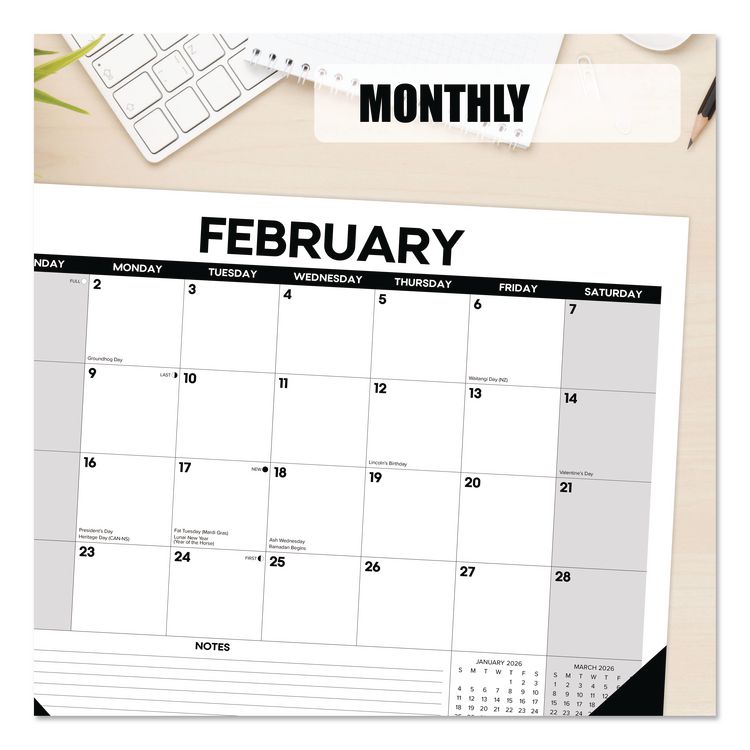 Basic Large Monthly Desk Pad Calendar, 22 x 17, White/Gray/Black Sheets, Black Headband/Corners, 12-Month (Jan to Dec) 2026