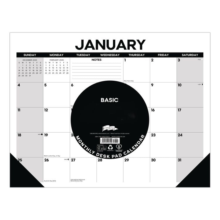 Basic Large Monthly Desk Pad Calendar, 22 x 17, White/Gray/Black Sheets, Black Headband/Corners, 12-Month (Jan to Dec) 2026