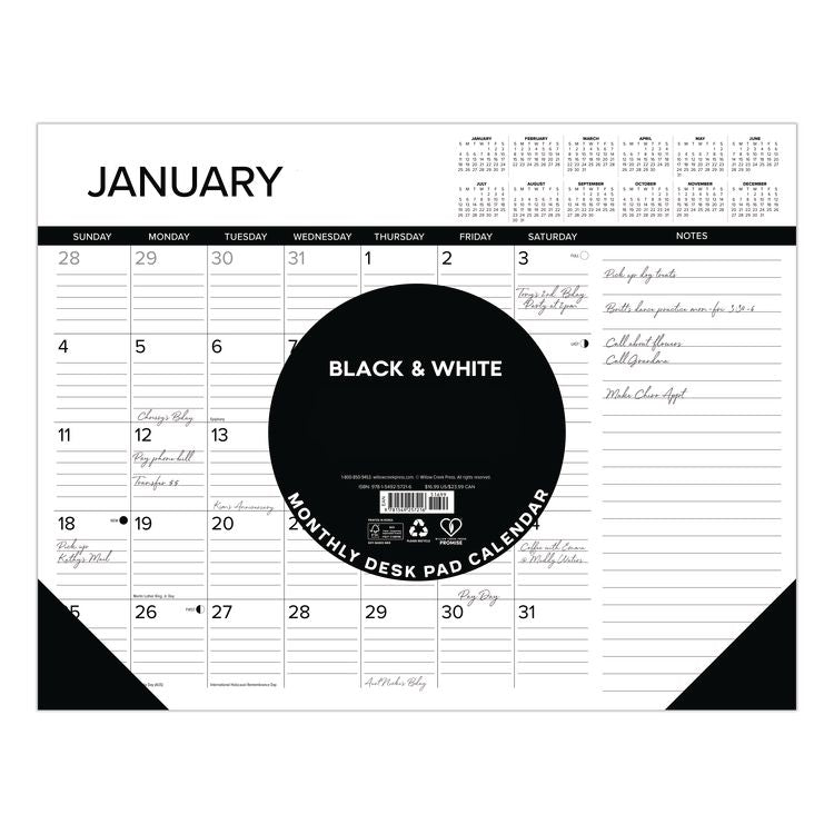 Black-and-White with Lines Large Monthly Desk Pad Calendar, 22 x 17, White Sheets, Black Corners, 12-Month (Jan to Dec): 2026