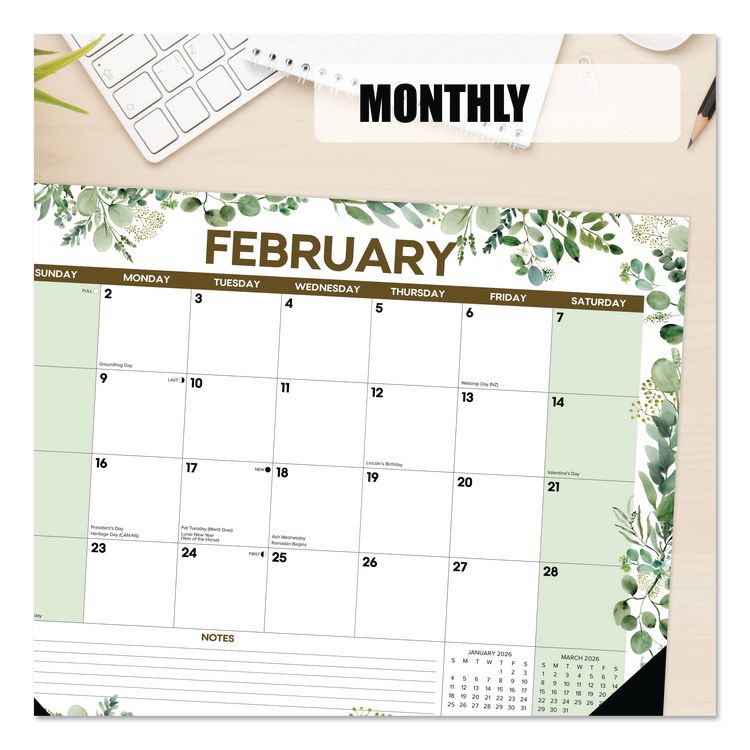 Eucalyptus Large Monthly Desk Pad Calendar, 22 x 17, White/Green Sheets, Black Headband/Corners, 12-Month (Jan to Dec) 2026