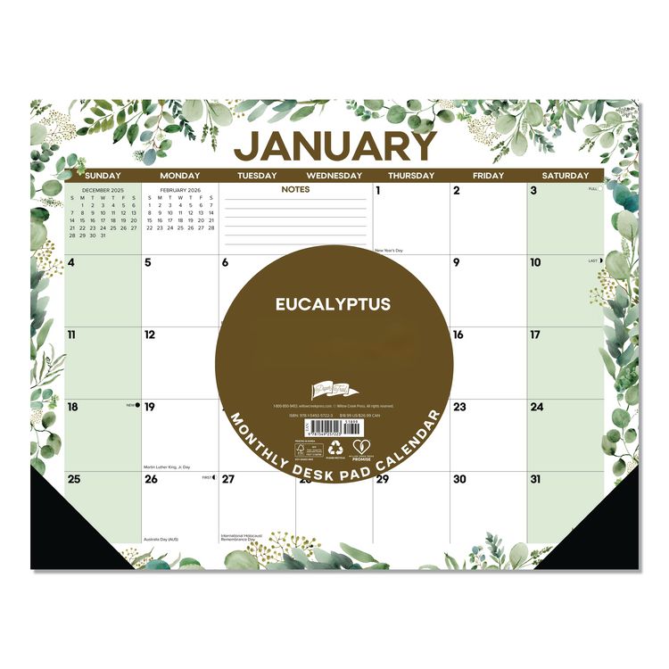 Eucalyptus Large Monthly Desk Pad Calendar, 22 x 17, White/Green Sheets, Black Headband/Corners, 12-Month (Jan to Dec) 2026