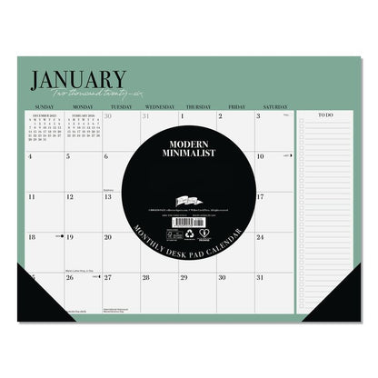 Modern Minimalist Large Monthly Desk Pad Calendar, 22x17, White/Teal Sheets, Black Headband/Corners, 12-Month (Jan-Dec) 2026