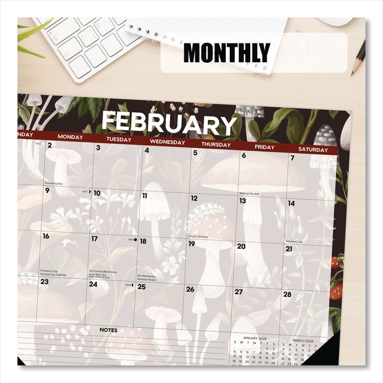 Mushrooms Large Monthly Desk Pad Calendar, 22 x 17, Multicolor Sheets, Black Headband/Corners, 12-Month (Jan to Dec) 2026