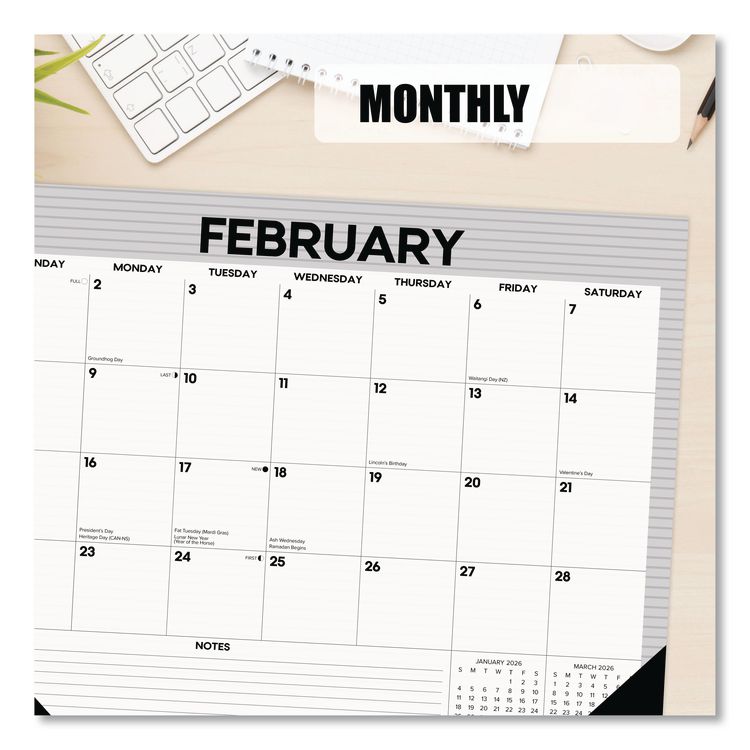 Perfect Pinstripe Large Monthly Desk Pad Calendar, 22x17, White/Gray Sheets, Black Headband/Corners, 12-Month (Jan-Dec) 2026