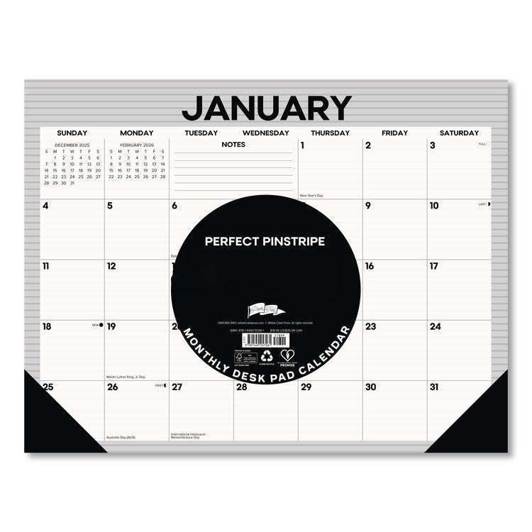 Perfect Pinstripe Large Monthly Desk Pad Calendar, 22x17, White/Gray Sheets, Black Headband/Corners, 12-Month (Jan-Dec) 2026