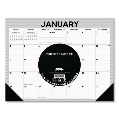 Perfect Pinstripe Large Monthly Desk Pad Calendar, 22x17, White/Gray Sheets, Black Headband/Corners, 12-Month (Jan-Dec) 2026
