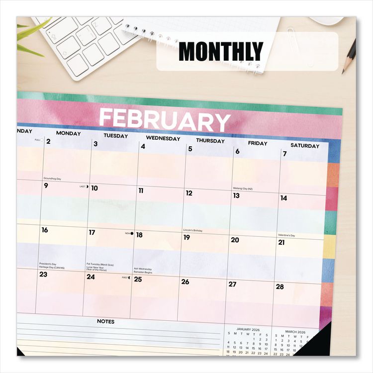 Watercolor Stripes Large Monthly Desk Pad Calendar, 22x17, Multicolor Sheets, Black Headband/Corners, 12-Month (Jan-Dec) 2026