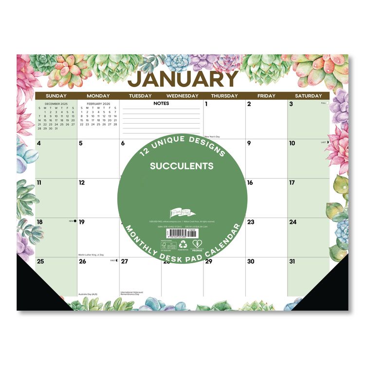 Succulents Large Monthly Desk Pad Calendar, 22 x 17, White/Multicolor Sheets, Black Headband/Corners, 12-Month (Jan-Dec) 2026