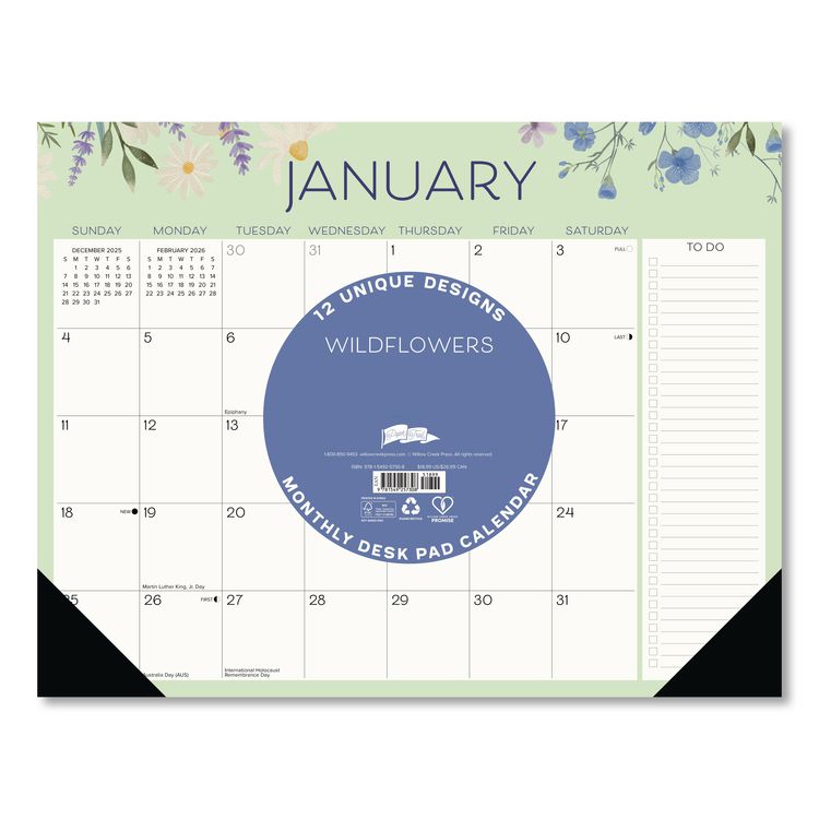 Wildflowers Large Monthly Desk Pad Calendar, 22 x 17, Multicolor Sheets, Black Headband/Corners, 12-Month (Jan to Dec) 2026