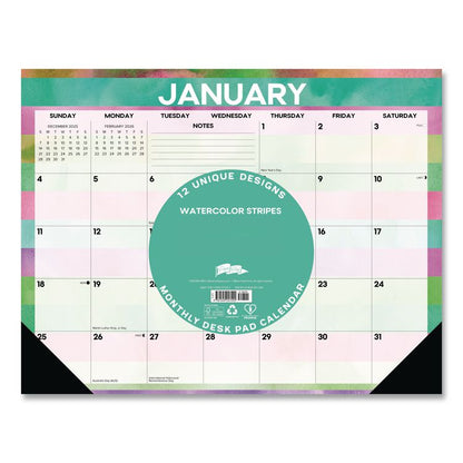 Watercolor Stripes Large Monthly Desk Pad Calendar, 22x17, Multicolor Sheets, Black Headband/Corners, 12-Month (Jan-Dec) 2026