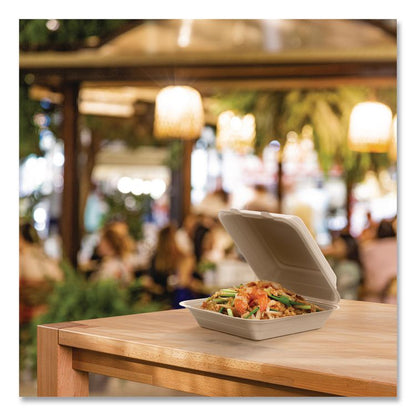 Compostable Molded Fiber Hinged Trays, ProPlanet Seal, 9.14 x 9 x 2.98, Natural, 200/Carton