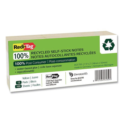100% Recycled Self-Stick Notes, 1.5" x 2", Yellow, 100 Sheets/Pad, 12 Pads/Pack