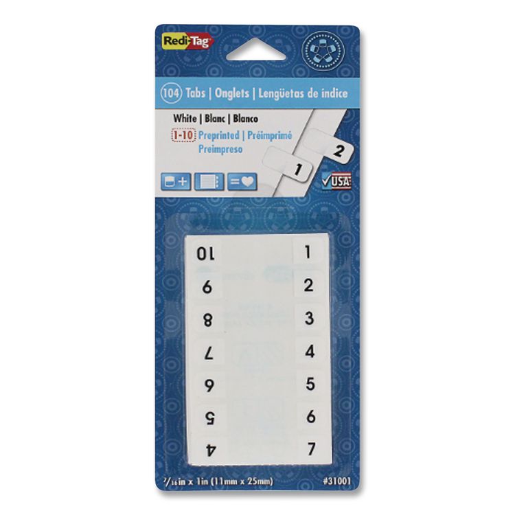 Legal Index Tabs, Preprinted Numeric: 1 to 10, 1/12-Cut, White, 0.44" Wide, 104/Pack