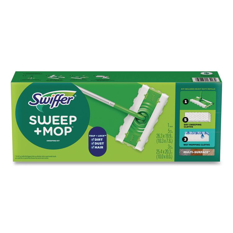 Sweep and Mop 2-in-1 Dry + Wet Floor Mopping and Sweeping Kit, 12.4 x 2.95 Mop Head, Silver Plastic Handle