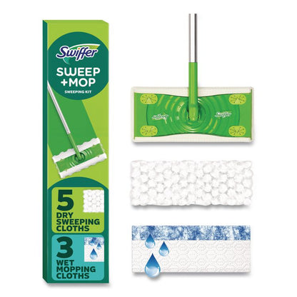 Sweep and Mop 2-in-1 Dry + Wet Floor Mopping and Sweeping Kit, 12.4 x 2.95 Mop Head, Silver Plastic Handle