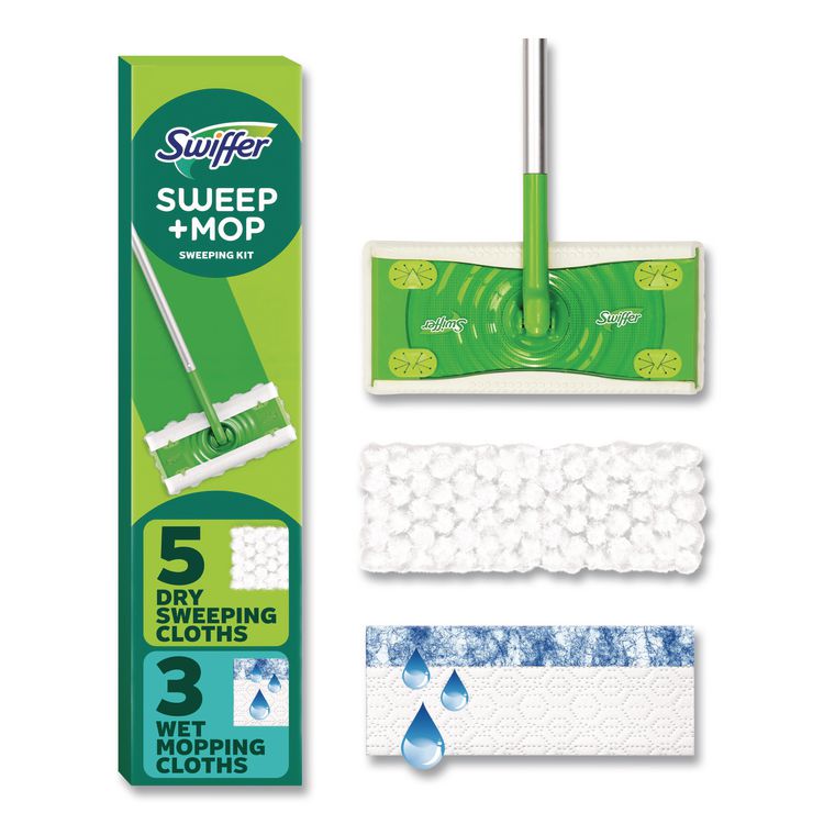 Sweep and Mop 2-in-1 Dry + Wet Floor Mopping and Sweeping Kit, 12.4 x 2.95 Mop Head, Silver Plastic Handle, 6/Carton