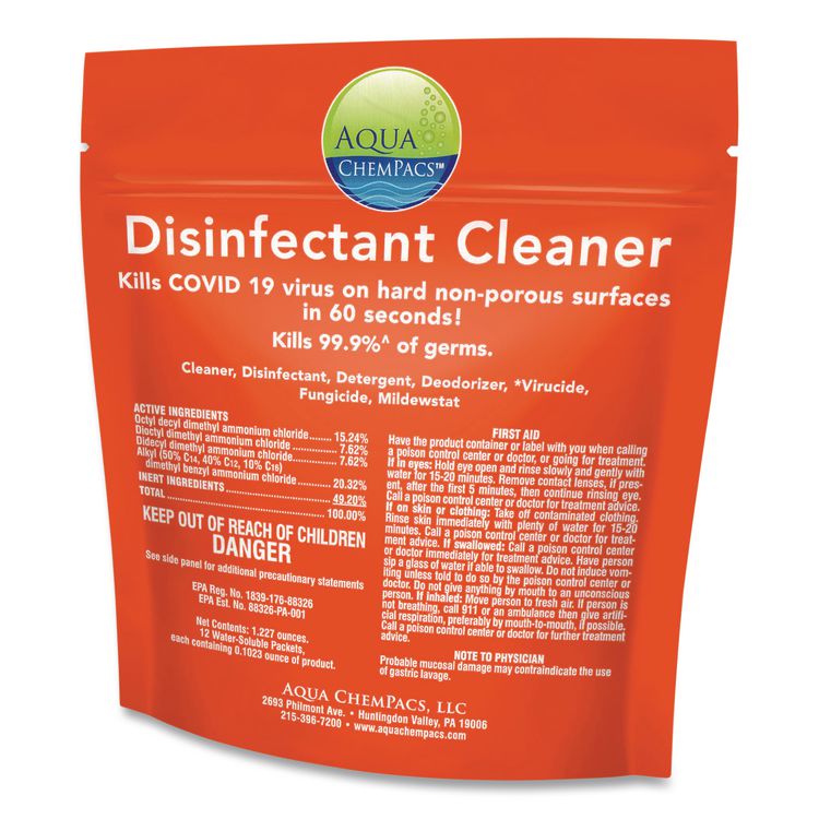 Aqua ChemPacs Disinfectant Cleaner Pods, Marine Scent, 100 Chem Pacs/Pack, 4/Carton