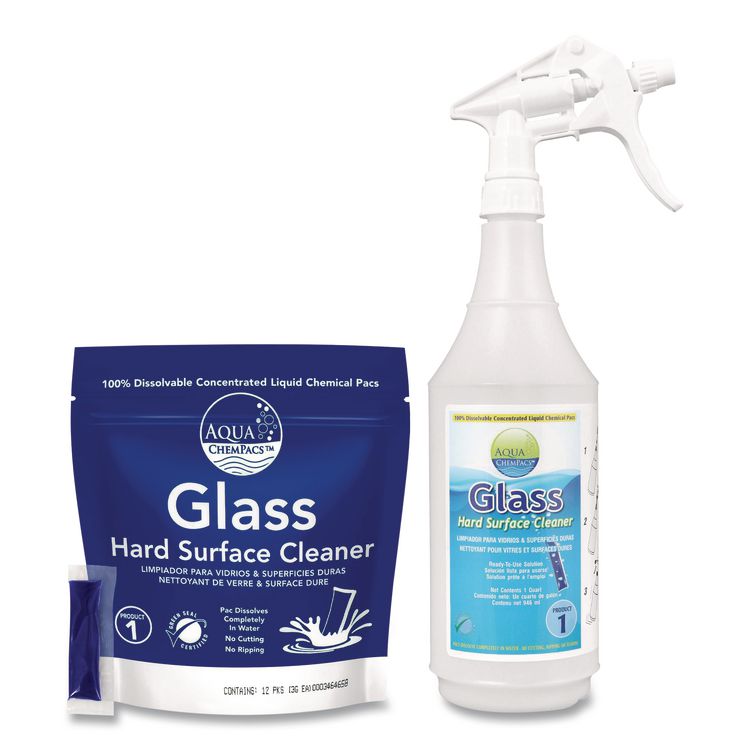 Aqua ChemPacs Glass Hard Surface Cleaner Starter Pack with Empty 32 oz Spray Bottle, Lavender-Mint Scent, 12 Chem Pacs/Carton