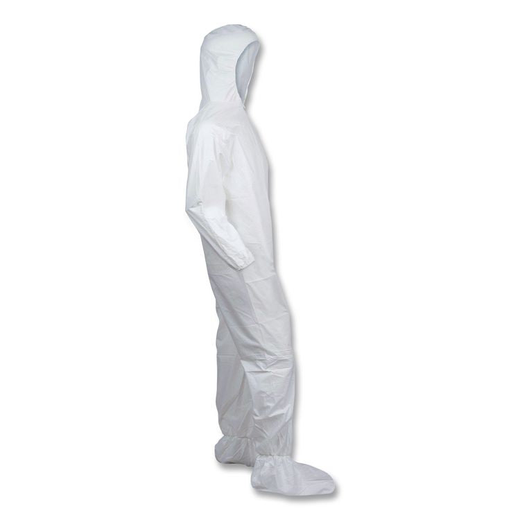KleenGuard A30 Coveralls, Elastic Wrists, Ankles, Back, Hood and Non-Skid Boots, Large, White, 25/Carton