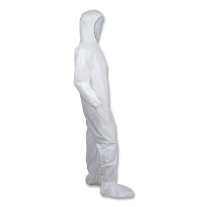 KleenGuard A30 Coveralls, Elastic Wrists, Ankles, Back, Hood and Non-Skid Boots, Large, White, 25/Carton