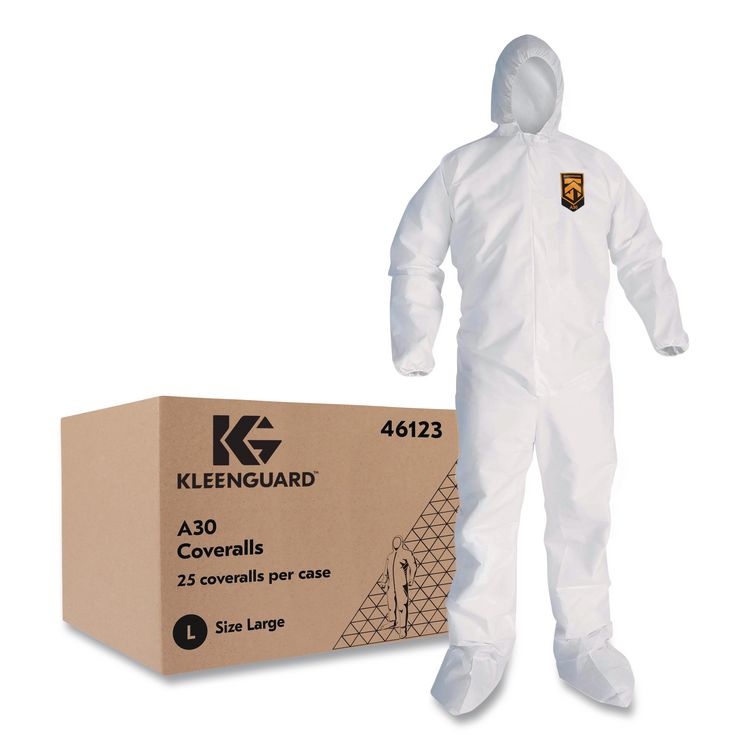 KleenGuard A30 Coveralls, Elastic Wrists, Ankles, Back, Hood and Non-Skid Boots, Medium, White, 25/Carton