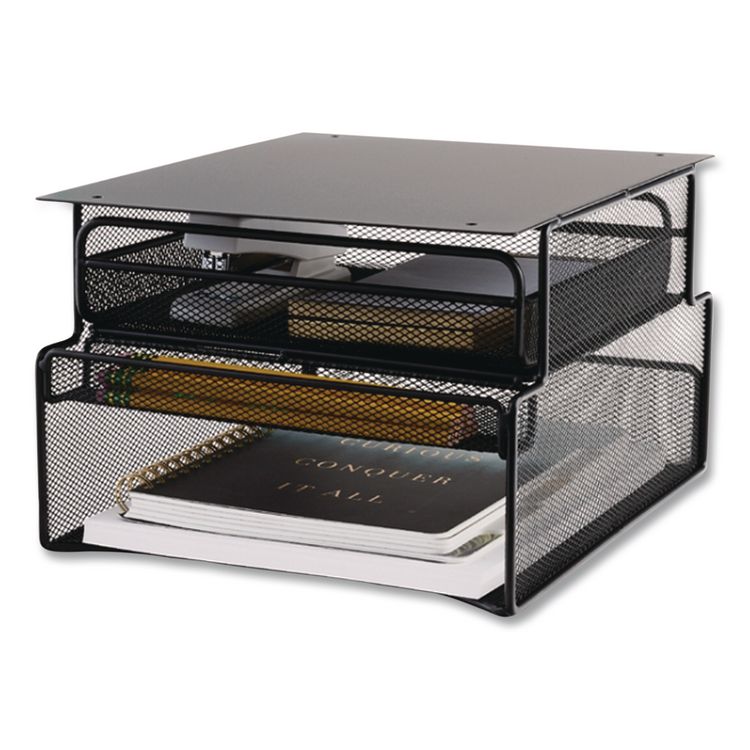 Onyx Hanging Organizer with Drawer, Under Desk Mount, 3 Compartments, Steel Mesh, 12.33 x 10 x 7.25, Black