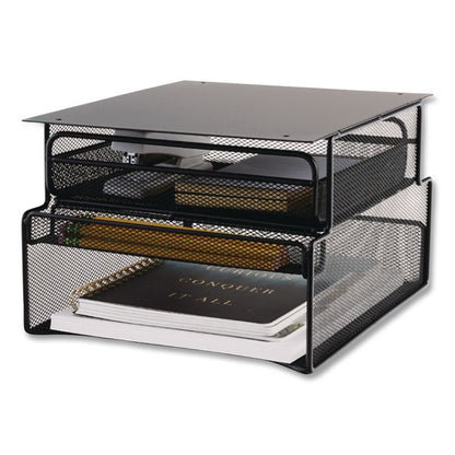Onyx Hanging Organizer with Drawer, Under Desk Mount, 3 Compartments, Steel Mesh, 12.33 x 10 x 7.25, Black