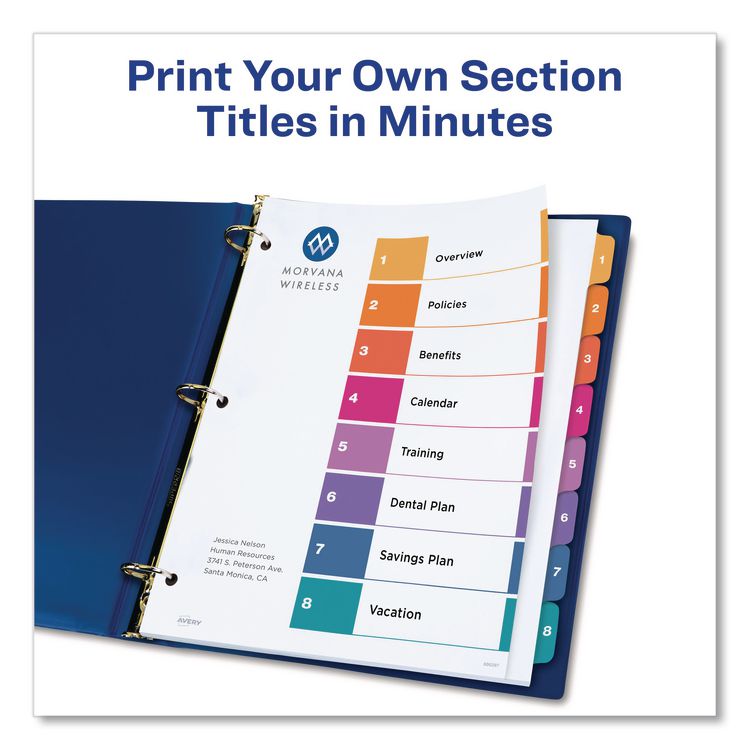 Customizable TOC Ready Index Multicolor Tab Dividers, Extra Wide Tabs, 8-Tab, 1 to 8, 11 x 9.25, White, 1 Set
