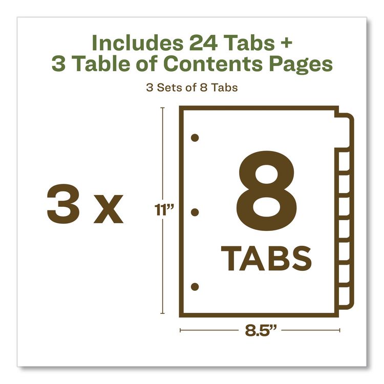 Customizable Table of Contents Ready Index Dividers with Multicolor Tabs, 8-Tab, 1 to 8, 11 x 8.5, White, 3 Sets