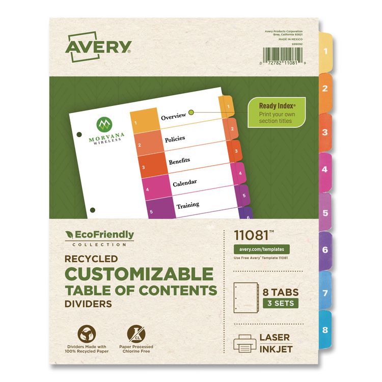 Customizable Table of Contents Ready Index Dividers with Multicolor Tabs, 8-Tab, 1 to 8, 11 x 8.5, White, 3 Sets