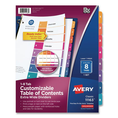 Customizable TOC Ready Index Multicolor Tab Dividers, Extra Wide Tabs, 8-Tab, 1 to 8, 11 x 9.25, White, 1 Set
